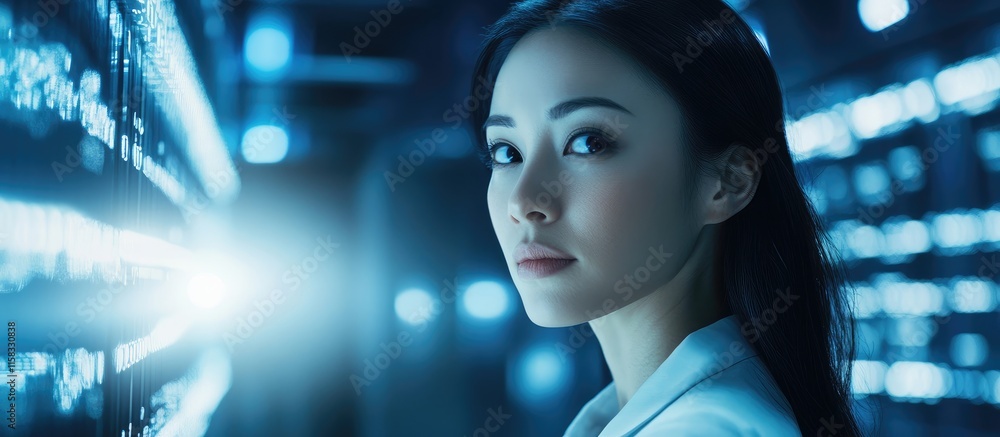 Poster portrait of a woman in a data center using a flashlight with blue lighting and copy space for techno