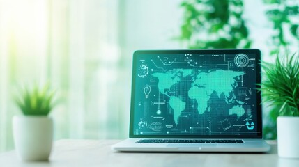 Fototapeta premium Modern Laptop Displaying World Map with Technology Icons in Office Environment Surrounded by Green Plants and Natural Light