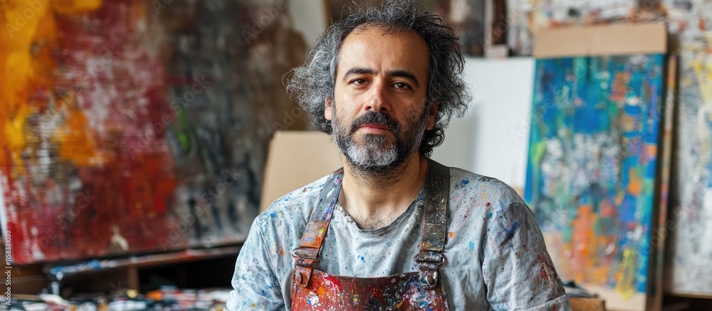 Poster artist in studio focusing on creating masterpiece with colorful background and space for text or des