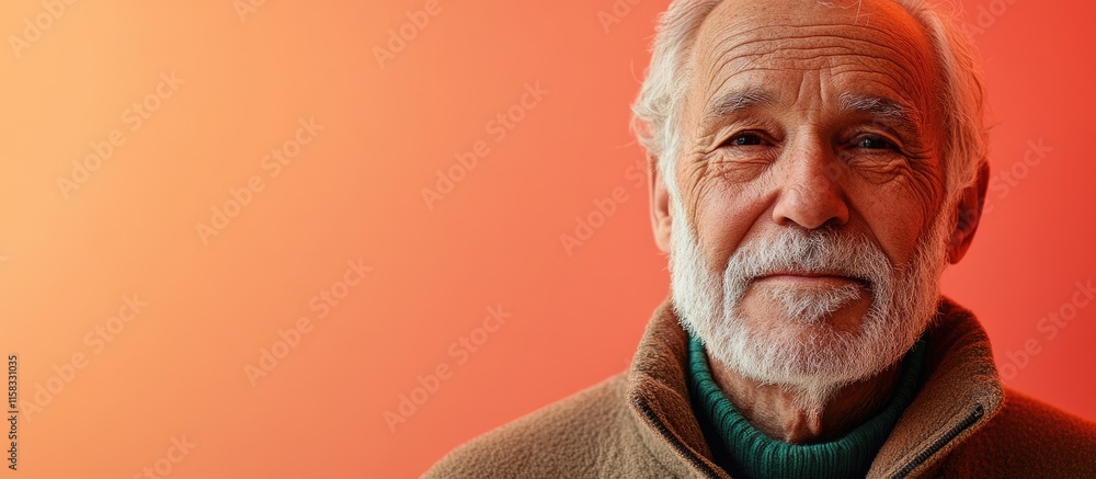 Poster portrait of a senior man against a warm gradient background with ample negative space for text or br