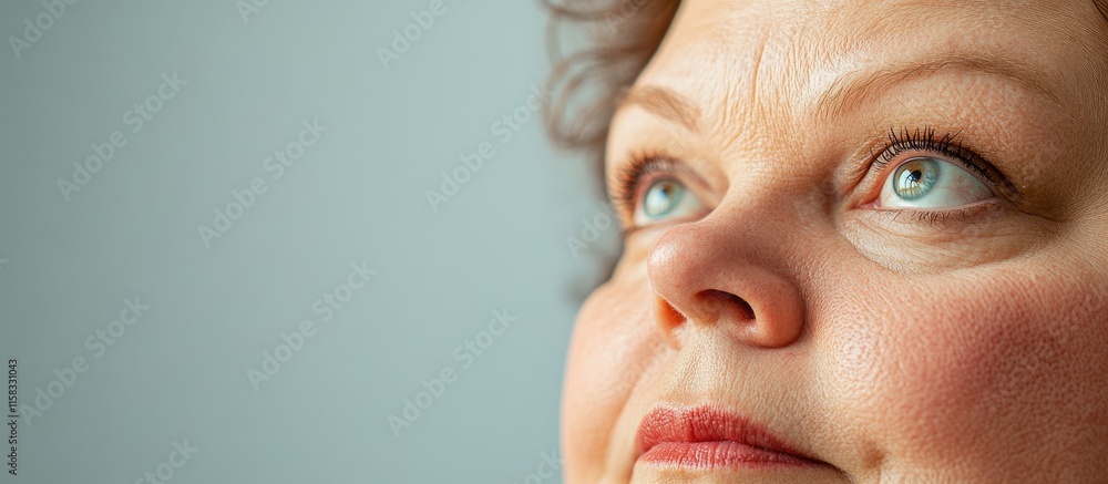 Fototapete close-up portrait of a plus-size woman with thoughtful expression and room for text in a calm, soft 