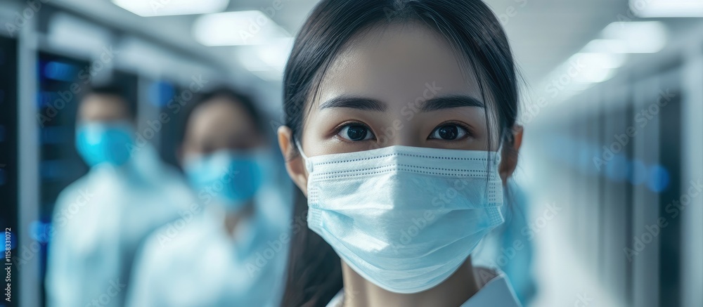 Poster portrait of asian it team in masks and protective suits working in server room focused on enhancing 