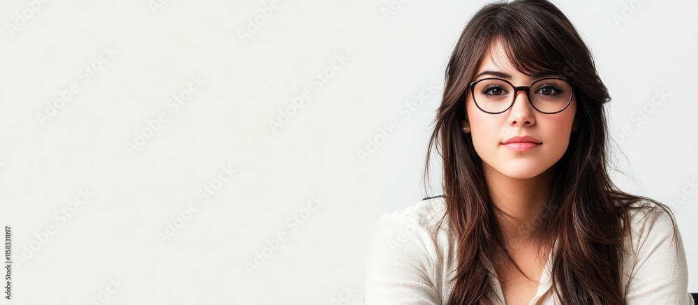 Poster confident female customer support representative in glasses at workstation with empty space for text