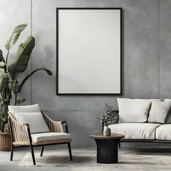 Modern Minimalist Living Room Interior Design Mockup with Empty Frame