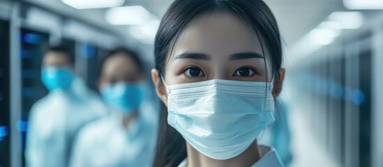 Portrait of Asian IT team in masks and protective suits working in server room focused on enhancing business efficiency with text space