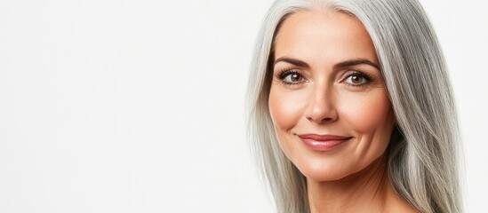 Fototapeta premium Elegant mature woman with silver hair smiling at camera against white background showcasing beauty and confidence with space for text