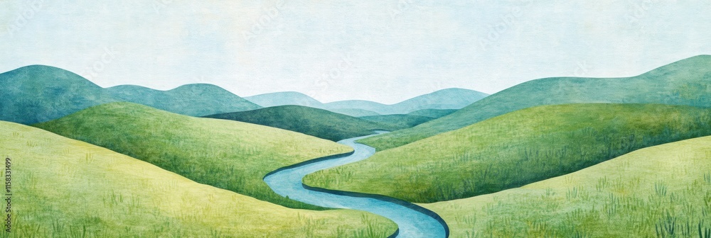 Poster Elegant rolling hills with a winding river and serene colors creating a peaceful landscape for creative projects. Generative AI