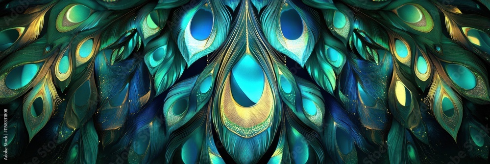 Fototapete Elegant pattern of overlapping peacock feathers with vibrant colors and space for additional text or design elements. Generative AI