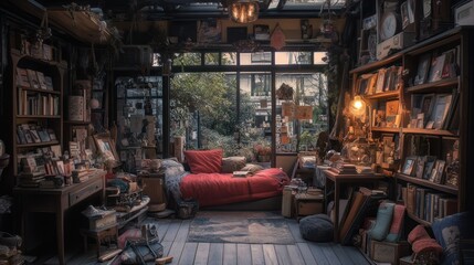 Cozy, cluttered room with bookshelves, red couch, and garden view.