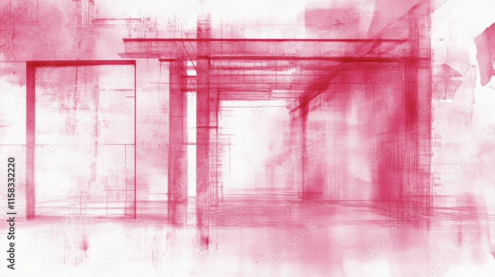 Poster abstract red architectural sketch with geometric lines and shading on a white background.