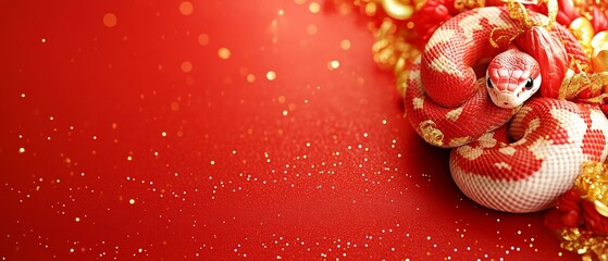 Fototapeta premium Chinese New Year Theme, A red and white snake is laying on a red background with gold glitter
