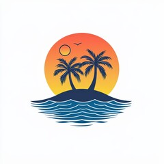 Summer island, waves, palm trees and sun, logo symbol design isolated on white background