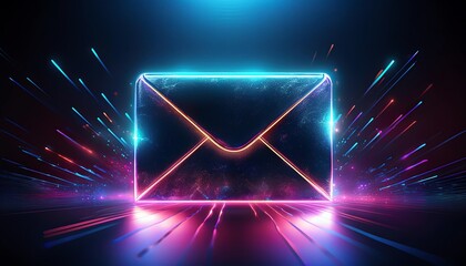A digital envelope glows with neon lights, surrounded by vibrant energy bursts, symbolizing communication and technology.