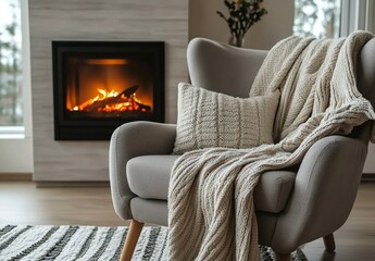 A cozy armchair with a blanket in front of a fireplace, a modern home interior design of a living room, and a cozy winter mood.