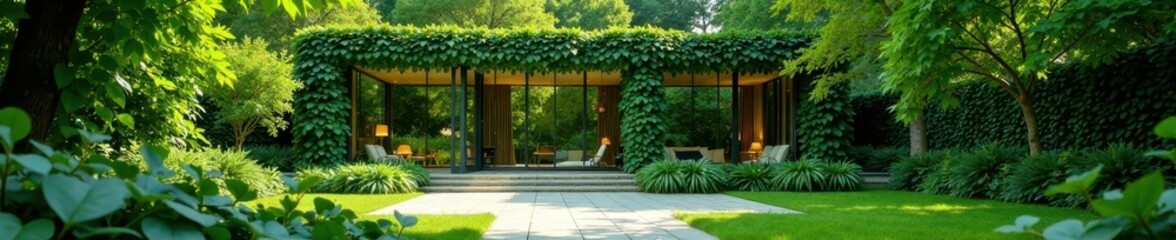 Fototapeta premium Elegant glass building surrounded by lush green ivy, nature, glass building