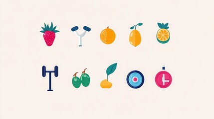Vibrant icons of fitness and healthy eating. Colorful illustration of fruits and exercise equipment.