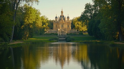 Fototapeta premium Majestic castle reflected in calm lake water, surrounded by lush greenery.