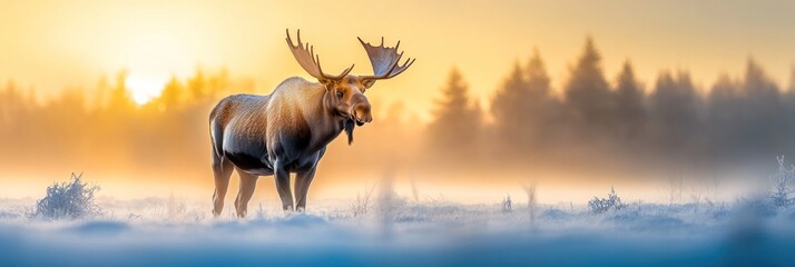 Majestic moose in snowy sunrise landscape.