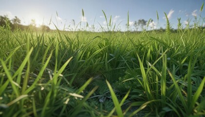 Obraz premium Lush green grass blades sway gently in the breeze, landscape, sunny day, fresh cut grass