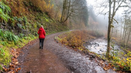 Obraz premium Woman hiking on a misty trail beside a creek in autumn.