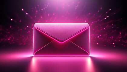 A sparkling pink envelope glows against a vibrant background, radiating light and energy, symbolizing communication and creativity.