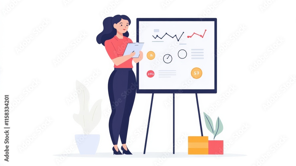 Poster businesswoman presenting data analysis through visual charts in a modern office setting with minimal