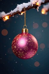 Pink and gold bauble hangs from illuminated tree branch, celebration, glitter, bokeh