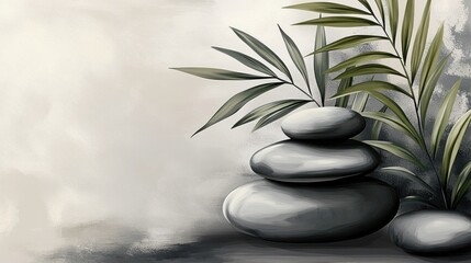 Stacked gray stones and palm leaves on a serene, light background.