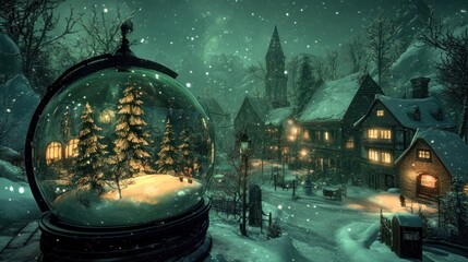 Snow globe shows snowy village with church and lit houses at night.