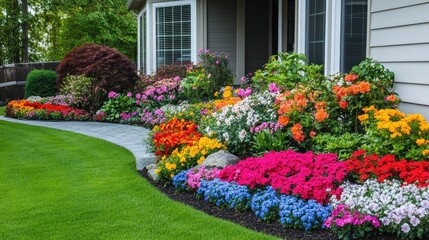 Luxury home exterior featuring exquisite landscaping with vibrant flower beds in full bloom and well-maintained pathways.