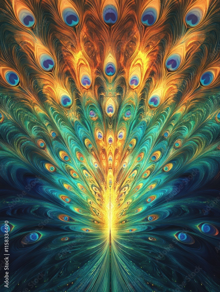 Fototapete vibrant display of peacock tail feathers radiating colors in an artistic arrangement with ample copy