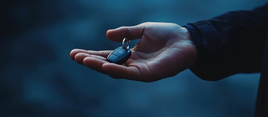 Hand holding car keys against a blurred background symbolizing a significant life event in vehicle acquisition with space for text insertion