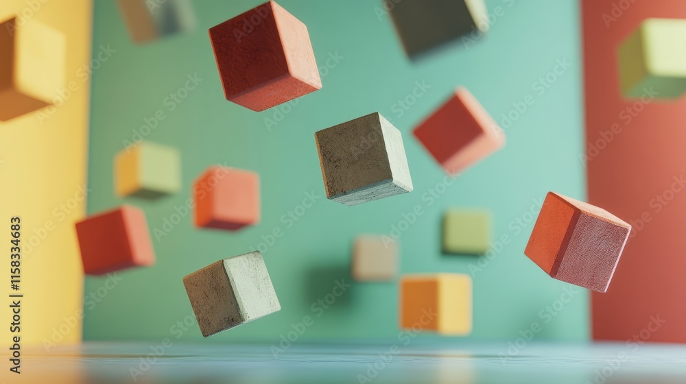Poster floating cubes in a minimalist color palette with an artistic arrangement on a soft background