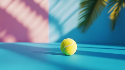 Tennis ball positioned on vibrant blue court