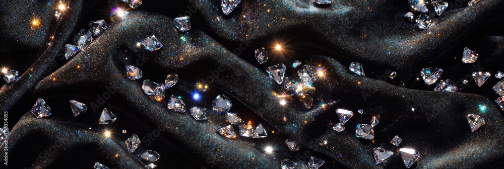 Poster sparkling diamonds scattered on black fabric with ample copy space for elegant presentations. genera