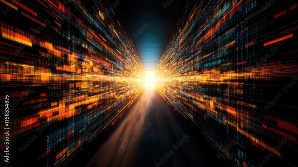 Poster dynamic digital tunnel with glowing orange and blue data streams leading to a bright light.