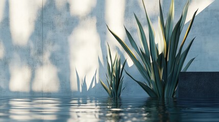 Serene minimalist agave leaves reflected in tranquil water creating a calming and modern aesthetic suitable for various design projects