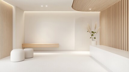 Modern Minimalist Interior Design of a Spacious Room with Neutral Color Palette, Wooden Elements, and Simple Decoration for Relaxation and Comfort