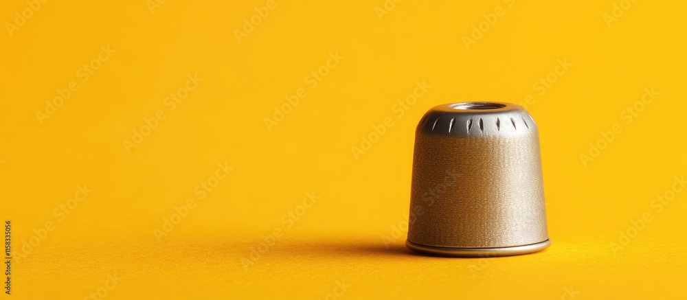 Poster minimalist thimble on bright yellow background representing sewing concepts with ample space for tex