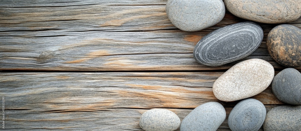 Poster pebble stones on rustic wooden background minimalist design with space for text or branding messages