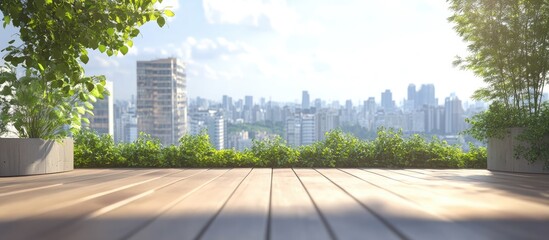 Minimalist Urban Rooftop Terrace with Serene Greenery and Modern Architectural Lines Overlooking Cityscape Ideal for Text Placement