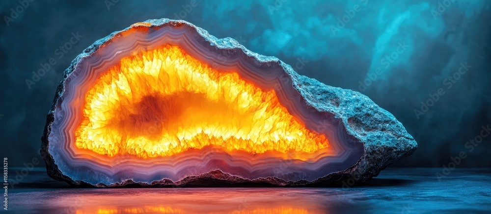 Poster illuminated agate stone sculpture displaying vibrant colors with a serene backdrop and ample space f