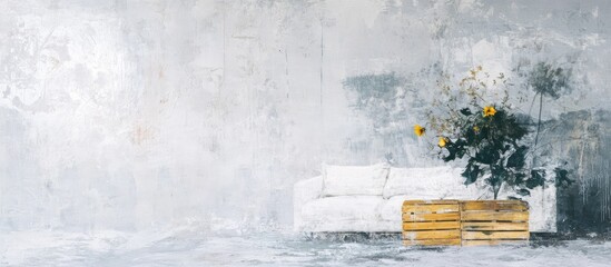 Minimalist white living room with sofa wooden crate furniture and plant against textured wall perfect for interior design mockup or display