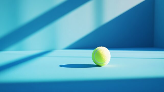 Tennis ball with subtle shadow on bright blue court