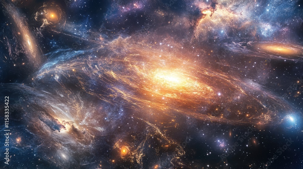Poster exploring the wonders of the universe with a large telescope observing cosmic phenomena in deep spac