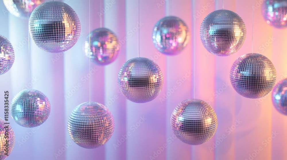 Poster floating disco balls in a 3d metallic setting with colorful reflections and optical illusion effects