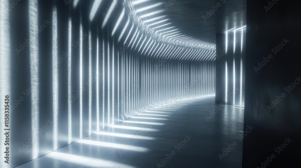Poster abstract corridor with bright light beams creating an optical illusion in a modern architectural spa