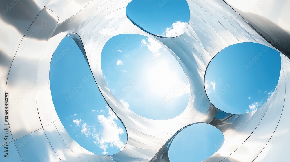 Poster reflective abstract shapes under bright blue sky with clouds creating a unique advertising backdrop 
