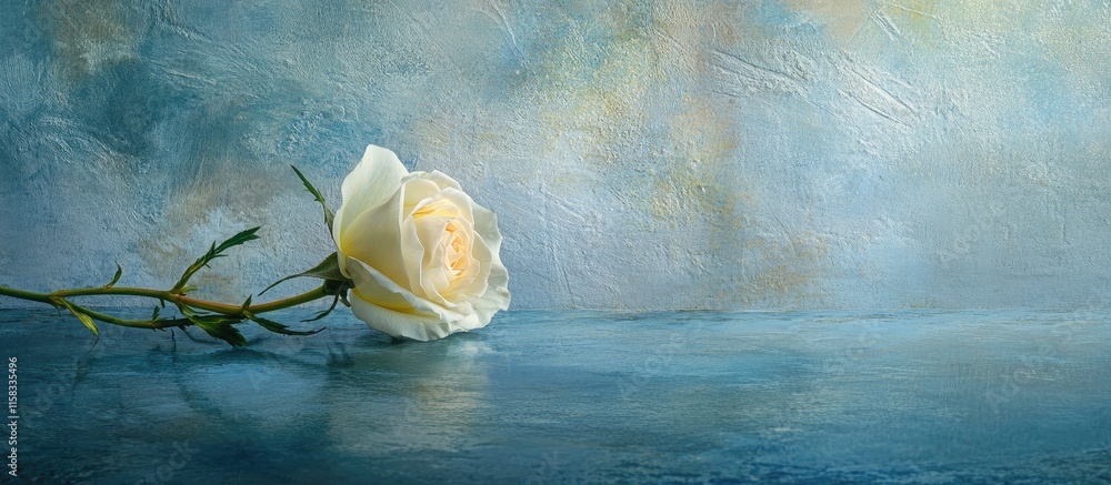 Poster peculiar d amour rose on textured blue background with empty space for text and elegant composition 