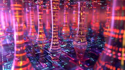 Cyberpunk Cityscape: Neon Towers and Digital Data Streams